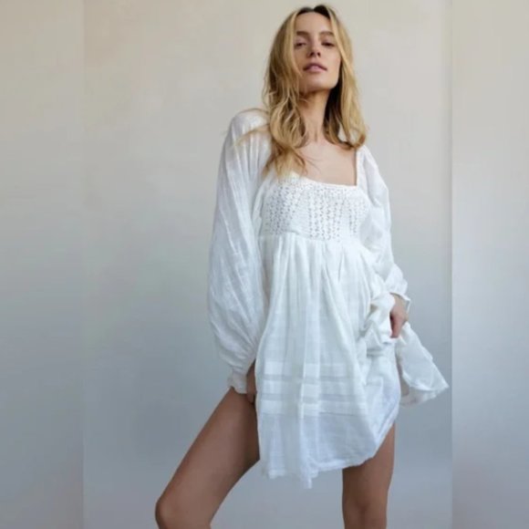 Free People Ari Cotton Crochet Front Babydoll Ruffled Mini Dress - Picture 8 of 14